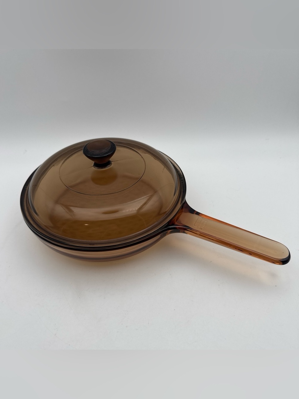 Vintage Corning Vision Amber Glass 7” Skillet w Pyrex Lid Waffle Bottom France